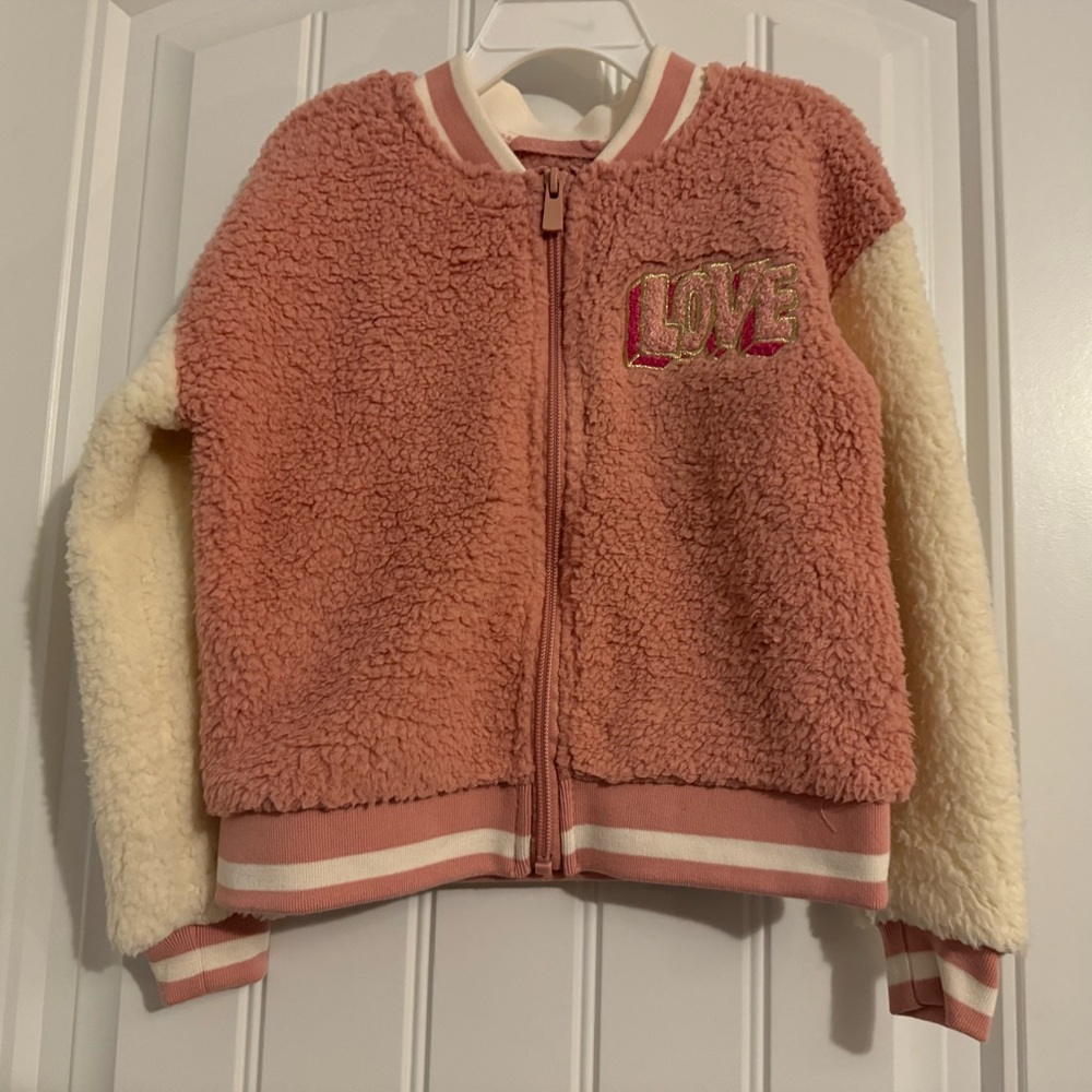 Cute Btween girls size 4 pink cream full zip fleece love embroidered jacket